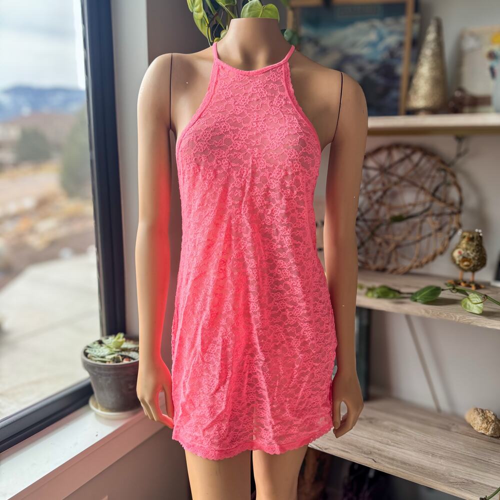 Victoria's Secret Neon Pink Lacie Lace Slip Chemise Lingerie Women's Medium Sexy